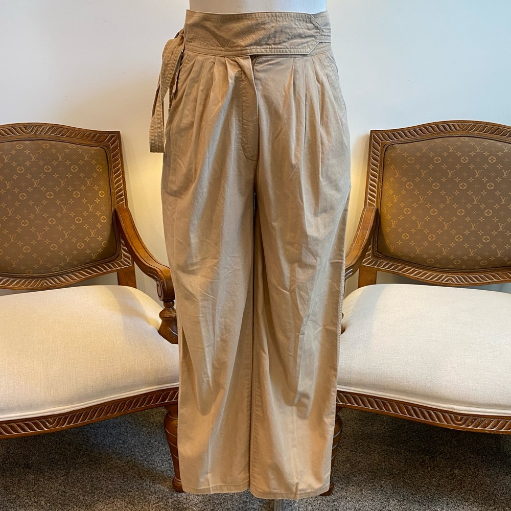 Vintage 90s High-Waisted Tan Wide-Leg Pants with a Paper Bag Style, 100% Cotton